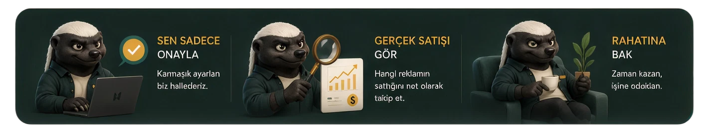 Pursuk maskotlu banner — Sen sadece onayla: karmaşık ayarları biz hallederiz. Gerçek satışı gör: hangi reklamın sattığını net takip et. Rahatına bak: zaman kazan, işine odaklan.