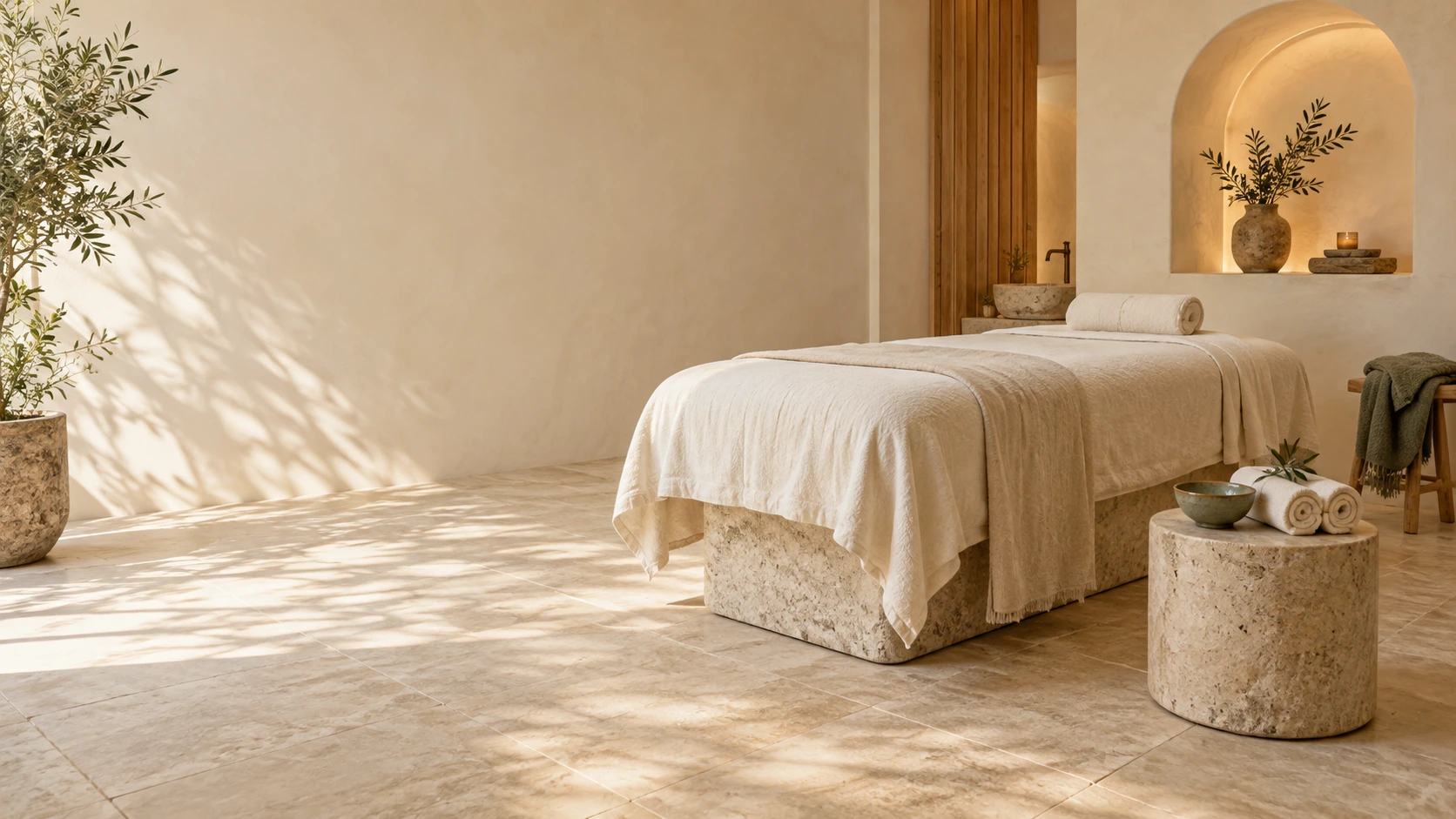 Doğal taş, keten ve sıcak ışıkla hazırlanmış spa odası