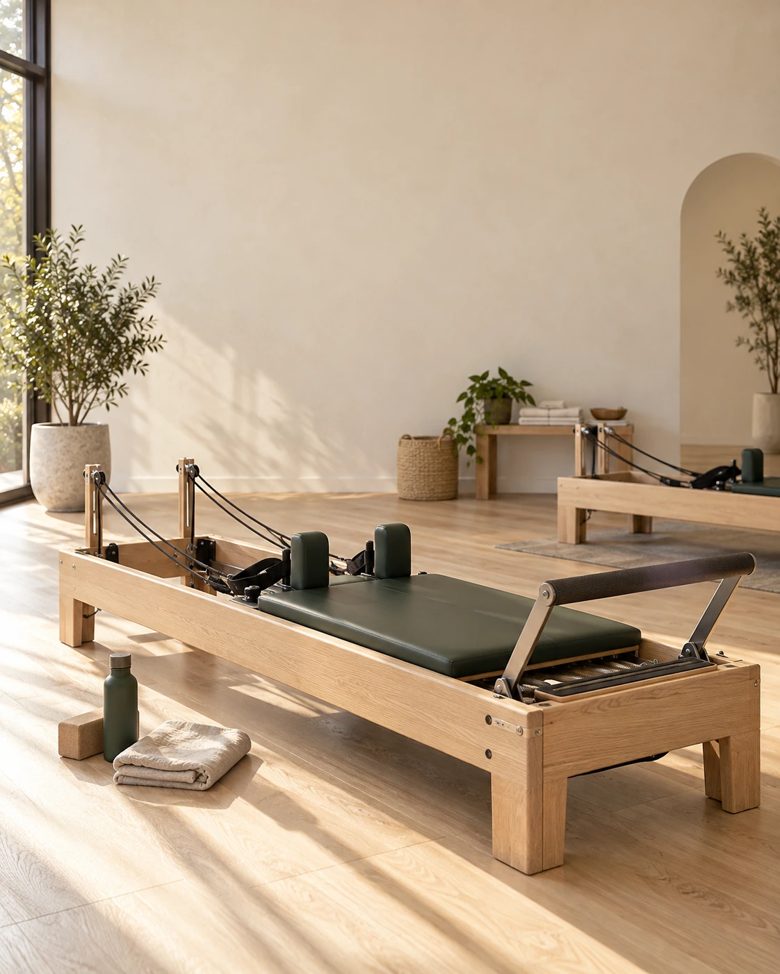 Doğal ışık alan pilates stüdyosunda reformer ekipmanları