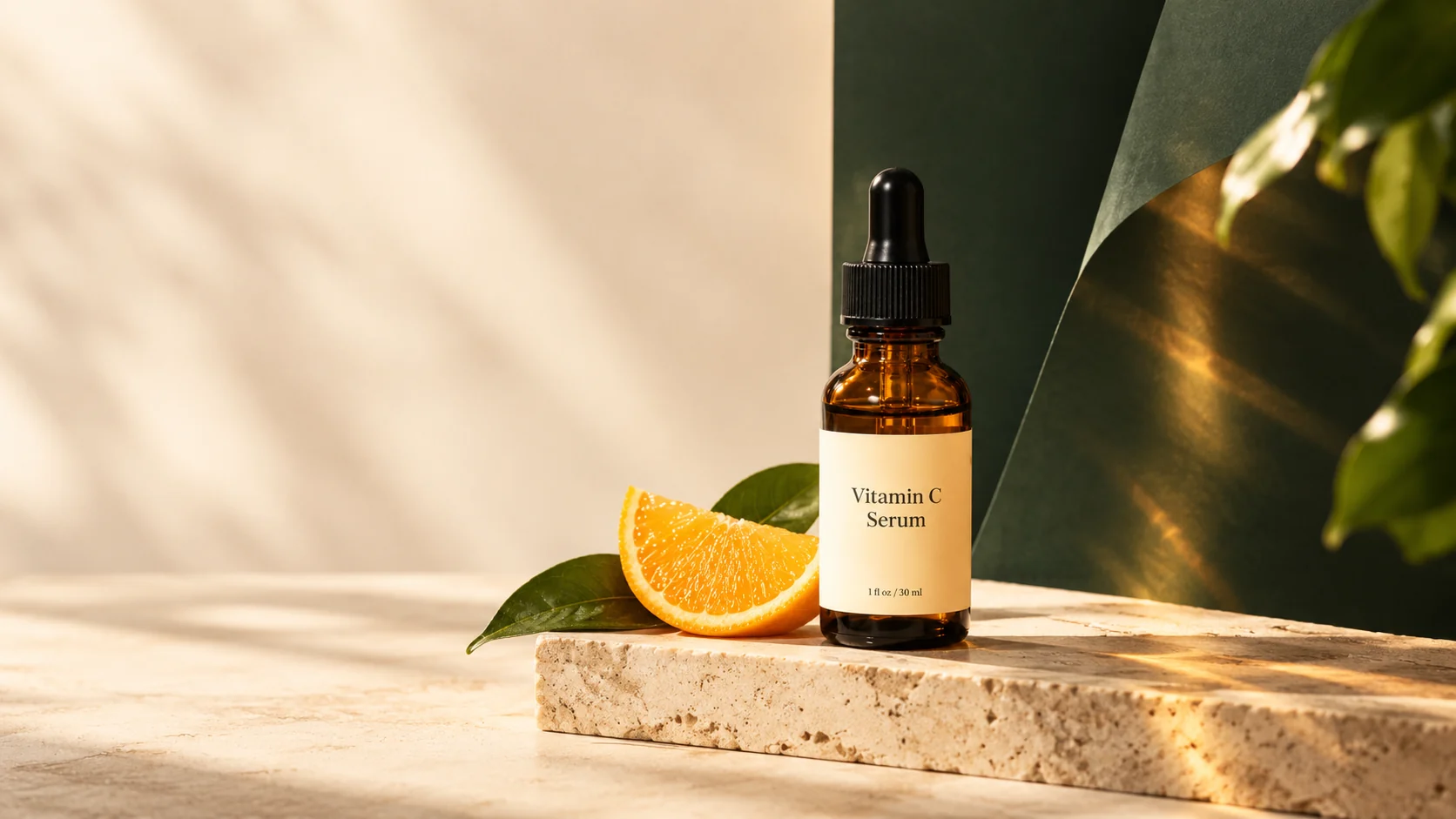 Traverten üzerinde amber serum şişesi, portakal ve orman yeşili fon