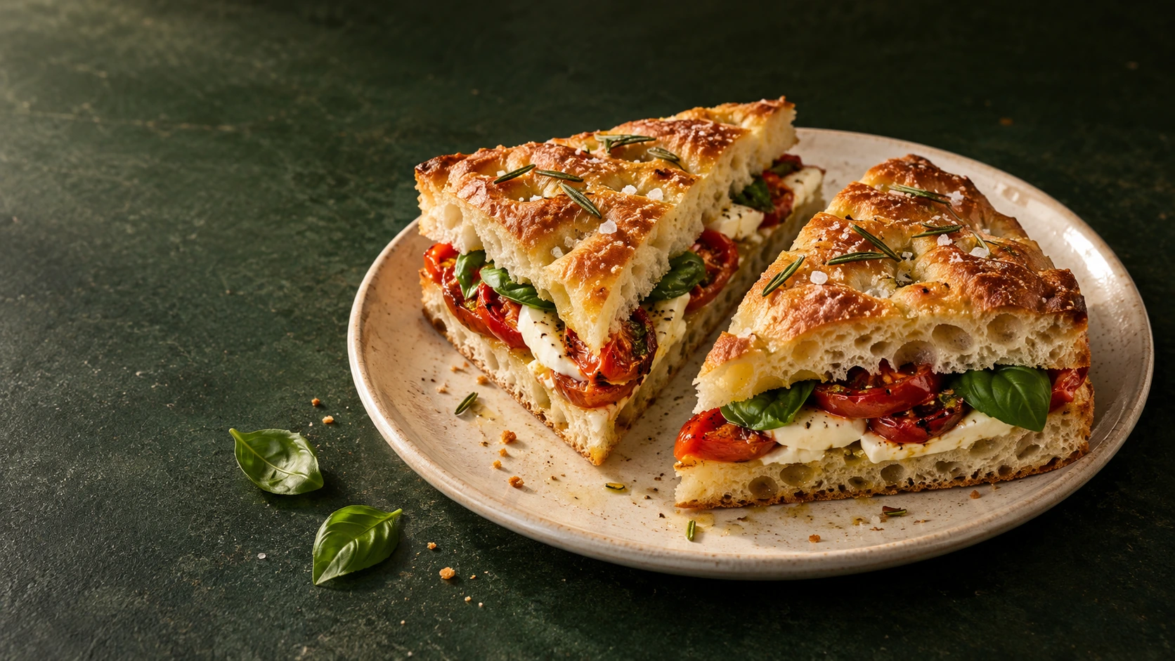 Seramik tabakta domates ve fesleğenli taze focaccia sandviçi